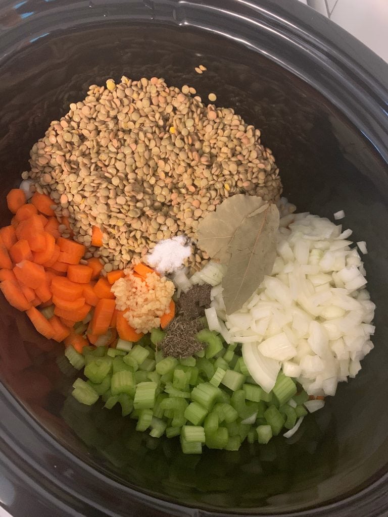 Lentil Soup ingredients in slow cooker